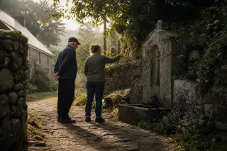 Two people pause at an old stone fountain along a moss-lined country lane, surrounded by overgrown wildflowers and soft afternoon light, captured from low perspective for an authentic, intimate atmosphere.