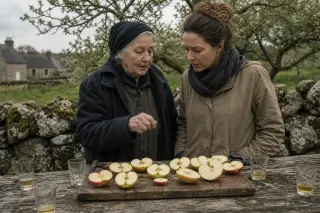 A local woman and a visitor examine cut apples and empty cider glasses on a wooden table in a Breton orchard, with mossy stone walls and apple trees in soft midday light.