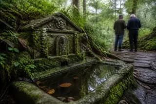 Discreet Breton woodland fountain surrounded by moss, with two locals quietly talking nearby, in soft dappled morning light.